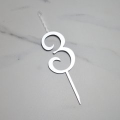 Свеча-топпер декоративная акриловая Цифра "3" Серебро 